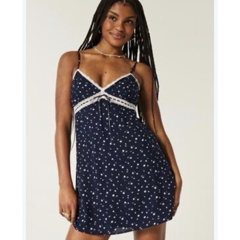 Hollister Lace Detail Slip Mini Dress Tie Back Navy Blue Floral women’s Medium